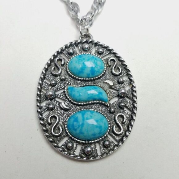 Vintage Silver Tone and Blue Pendant Necklace, Long Chain, Statement, Retro 70s - Picture 2 of 7